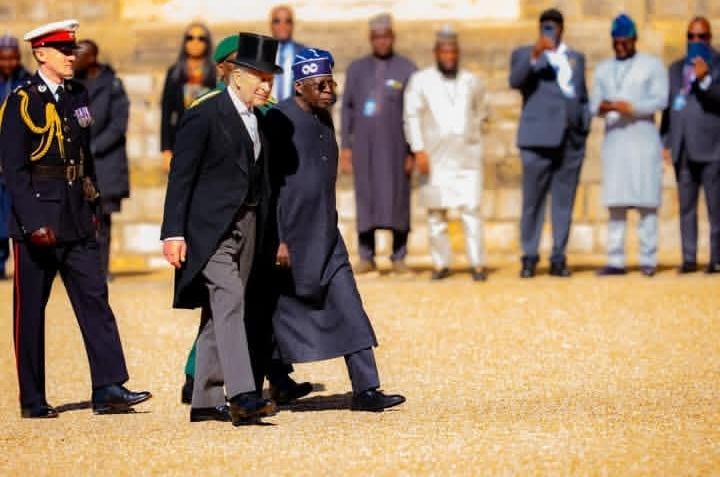 President Tinubu walking with King Charles III during official visit at Windsor Castle