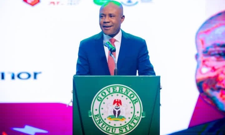 Governor Peter Mbah addressing residents during a development project launch in Enugu State.